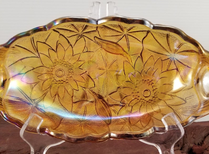 Vintage Amber Carnival Glass Sunflower Patterned Dish Marigold Pressed Glass Carnival Depression Glass Long Serving Bowl Sunflowers
