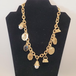 Vintage Gold Fob Charm Necklace: Greek Motif, Faux Pearl Gemstone