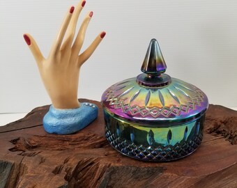 Blue Carnival Glass Dish With Lid,Princess Indiana Glass Candy Dish