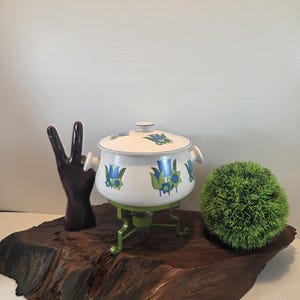 May include: White fondue pot with blue and green floral design, set on a green metal stand. The pot has a matching lid and handles. A dark brown sculpture of a hand and a green decorative ball are also in the image.