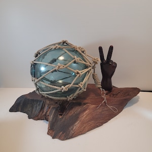Vintage XL Japanese Glass Fishing Float: Light Blue Rope, Beach Decor