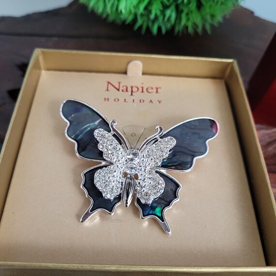 Napier Holiday Butterfly Brooch: Abalone & Rhinestone