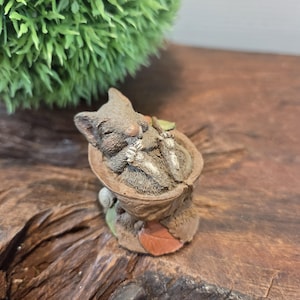 May include: A small brown mouse figurine resting inside a textured walnut shell. The mouse has closed eyes and paws tucked near its face. The base of the figurine features a small green leaf and a tiny snail shell, with the year 98 etched into the side.