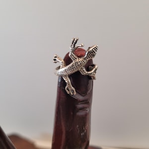 May include: A silver-colored ring in the shape of a lizard. The ring is detailed with textured scales and is shown on a dark brown surface. The lizard's legs and tail wrap around the surface.