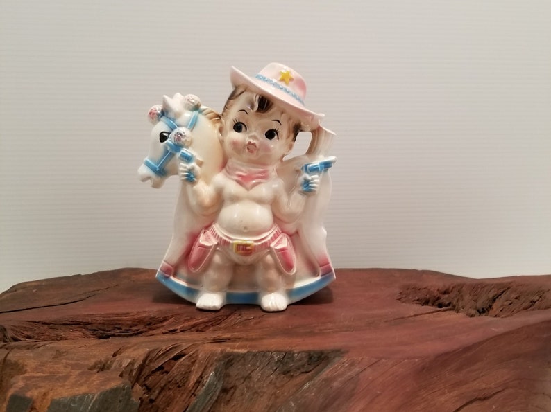 Vintage Cowgirl Baby And Horse Planter Vintage Nursery Cowboy Etsy