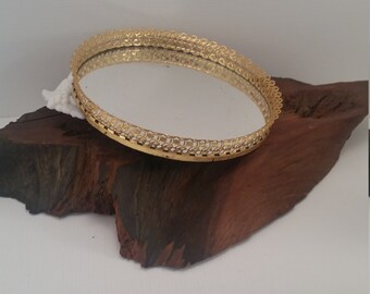 Vintage Gold Trimmed Mirrored Vanity Tray,Vintage Ornate Perfume Mirror Tray, Vintage Floral Edged Mirrored 1960's Vanity Tray