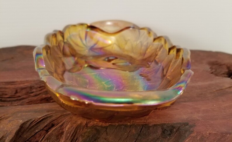 Vintage Amber Carnival Glass Sunflower Patterned Dish Marigold Pressed Glass Carnival Depression Glass Long Serving Bowl Sunflowers