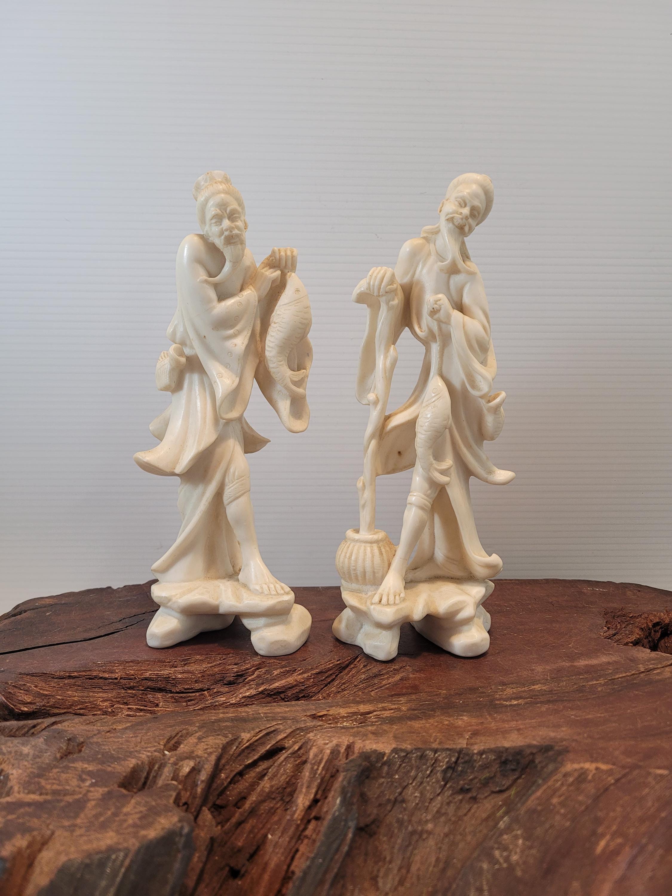 Vintage Santini Stone Carved Asian Fishermen Pair , One Has Been