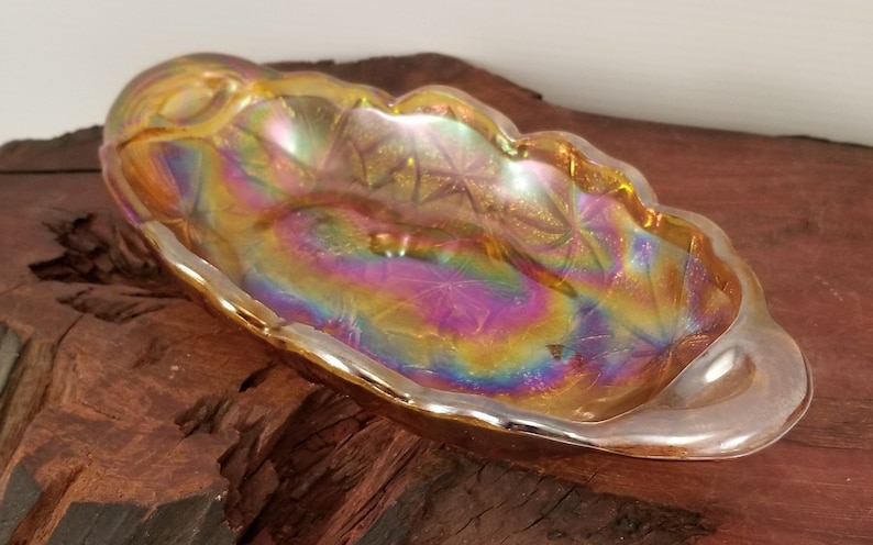 Vintage Amber Carnival Glass Sunflower Patterned Dish Marigold Pressed Glass Carnival Depression Glass Long Serving Bowl Sunflowers