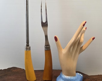 Vintage Bakelite Serving Utensils: Stainless Steel Fork and Knife Sharpener