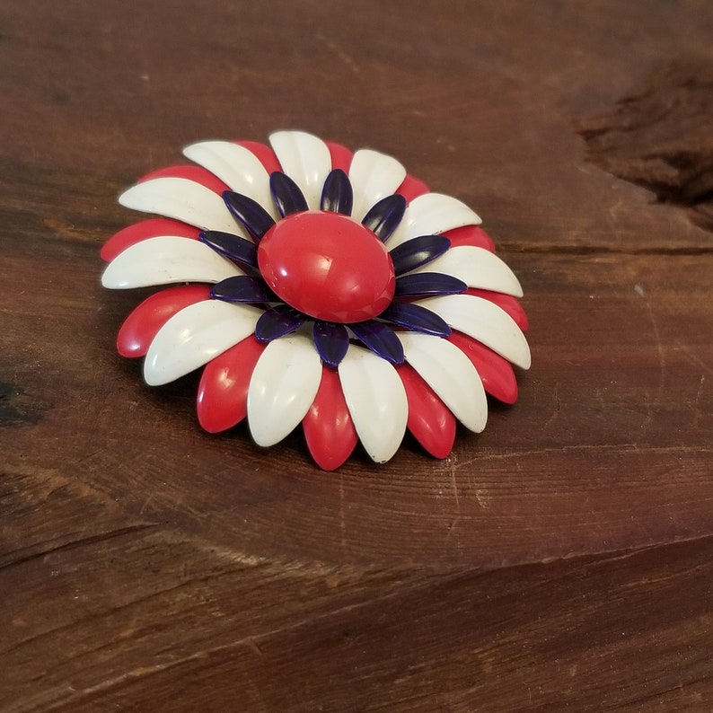 Bold 1970s Patriotic Brooch Patriotic Floral Brooch Holiday Jewelry Red White Blue Flower Brooch 4th of July Jewelry Patriotic Pin