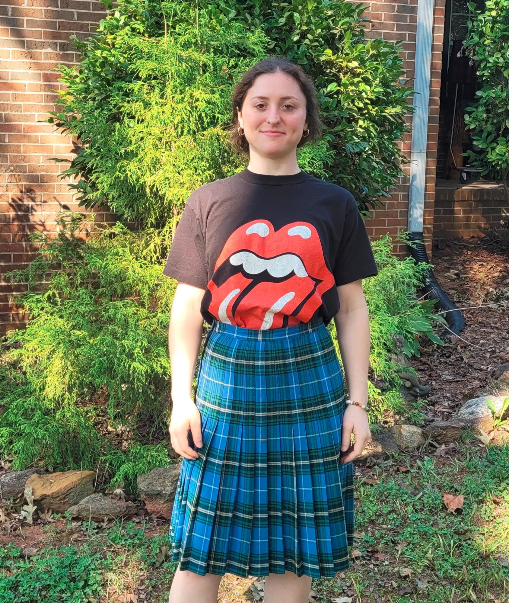 Vintage Tartan Kilt Skirt: Light Blue & Green Plaid, Pleated  display picture 1