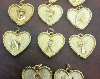 Vintage Gold Tone Initial Heart Charms: 1960s Letter Pendants