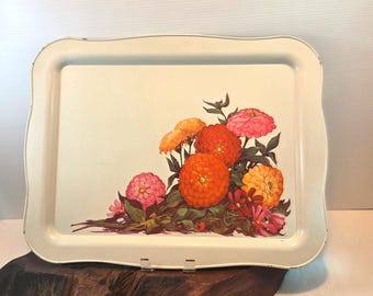 Mid Century Zinnia Floral Metal Serving Tray