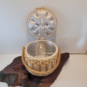 Vintage Woven Sewing Box: Blue Satin Interior, Removable Tray