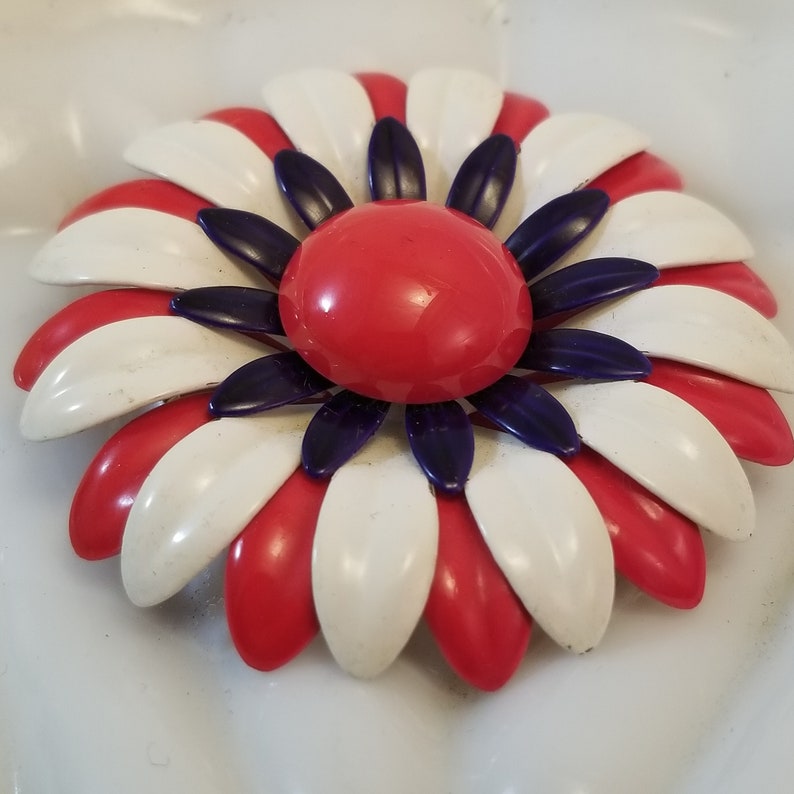 Bold 1970s Patriotic Brooch Patriotic Floral Brooch Holiday Jewelry Red White Blue Flower Brooch 4th of July Jewelry Patriotic Pin