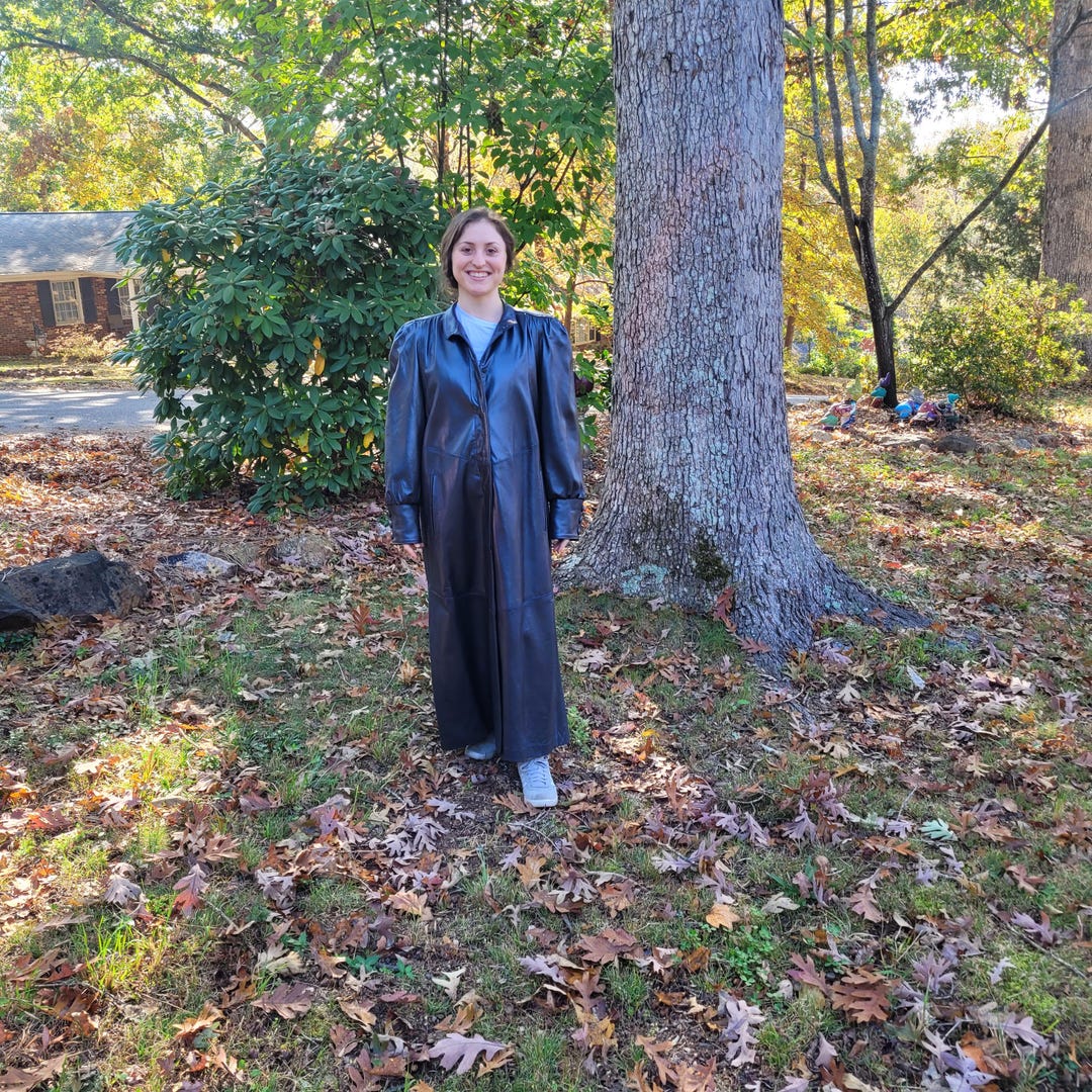 Vintage Full Length Black Leather Coat: Bay Shore Furs, Size