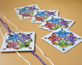 CARDS-Colorful Mandala-Set of 24 Weaving Cards-Original Design for Card Tablet Weaving 4 Holes Square Double Sided Cardstock UV Coated