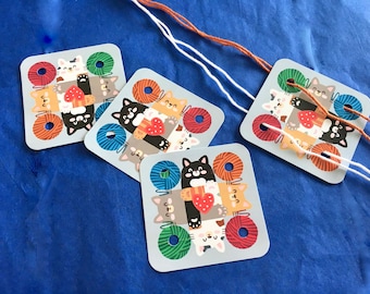 CARDS-Yarn Kitties-Set of 24 Small Weaving Cards-Original Design for Card Tablet Weaving-4 Holes Square-Double Sided Cardstock UV Coated