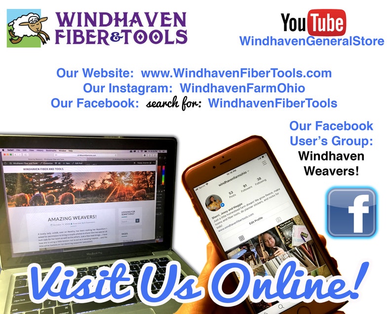 May include: A computer screen displaying the website for Windhaven Fiber & Tools, a business that sells weaving supplies. The website features a photo of sheep in a field with a sunset in the background. The text "Amazing Weavers!" is visible on the screen. A smartphone is in the foreground displaying the Windhaven Farm Ohio Instagram page. The text "Visit Us Online!" is in large blue letters across the bottom of the image.