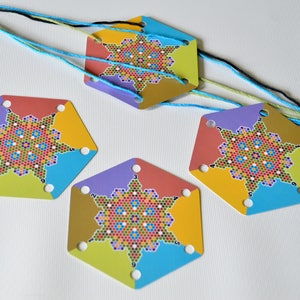 CARDS-Pixel Flower Hex-Set of 24 Weaving Cards-Original Design for Card Tablet Weaving 6 Holes Hexagon Double Sided Colorful Cardstock