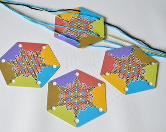 CARDS-Pixel Flower Hex-Set of 24 Weaving Cards-Original Design for Card Tablet Weaving 6 Holes Hexagon Double Sided Colorful Cardstock