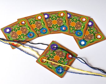 CARDS-Celtic Knot-Set of 24 Weaving-Cards Original Design for Card Tablet Weaving 4 Holes Square Double Sided Colorful Cardstock UV Coated