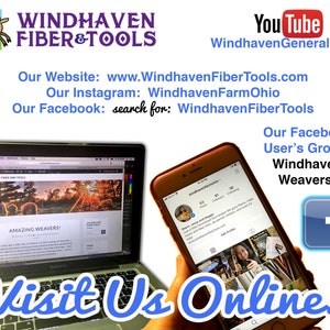 May include: A computer screen displaying the website for Windhaven Fiber & Tools, a business that sells weaving supplies. The website features a photo of sheep in a field with a sunset in the background. The text "Amazing Weavers!" is visible on the screen. A smartphone is in the foreground displaying the Windhaven Farm Ohio Instagram page. The text "Visit Us Online!" is in large blue letters across the bottom of the image.