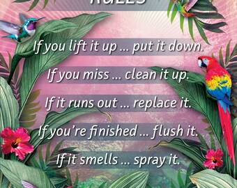Póster de reglas de baño, color rosa, decoración de pared, sin marco, 11.0 x 16.9 in