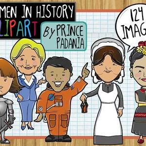 Puede incluir: Un conjunto de 124 imágenes de clipart que representan a mujeres de la historia. Las imágenes incluyen un caballero, una mujer con un traje azul, un astronauta, una criada y una mujer con un vestido tradicional mexicano. Las imágenes son de estilo de dibujos animados y son perfectas para fines educativos.