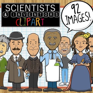 May include: Clip art set of 92 images featuring scientists and inventors. The set includes illustrations of Albert Einstein, Marie Curie, Isaac Newton, and other famous scientists. The illustrations are in a cartoon style and are perfect for educational purposes.