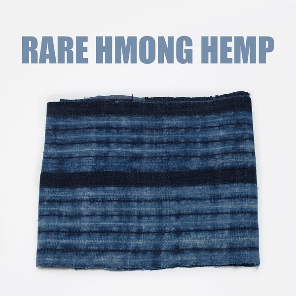Vintage Hmong Hemp Fabric - Handwoven /Handspun Indigo Plant Dyed Hemp Textile, Rustic Table Runner / Indigo Fabric Vintage Dye Hmong Fabric