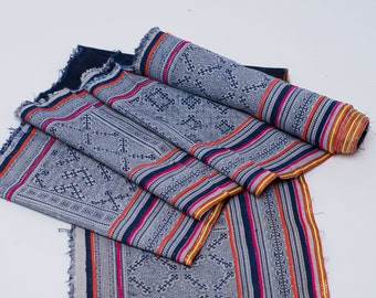 5yd Hmong Hill Tribe Fabric Cotton Indigo Batik Embroidered Handwoven Ethnic Textile White Blue Orange Pink Zig Zag Colorful Bright