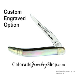 S15 - Queen City Small Toothpick Black Lip Mother Of Pearl handle, Engraved Personalized Knife, Npouch Option QC012