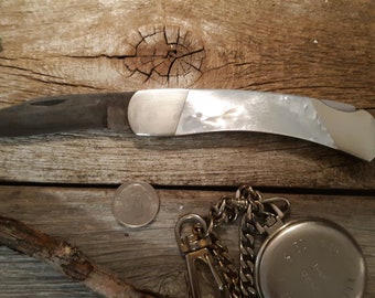 SO - Med. Genuine A+ grade Mother of Pearl Handled Bear and Sons knife Damascus blade 30th anniversary gift panto MedBCx05 mop blkBox LPouch