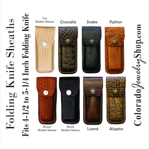 Bovine leather, [Cow] , Patterns match other animal leather - Sheaths Fits folding knives 4 1/2" to 5 1/4" closed Vertical Carry belt loop