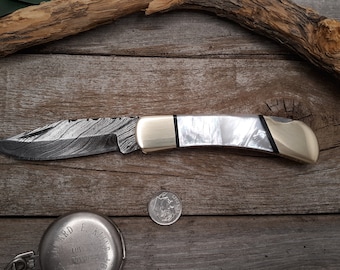 SO-DISC - Custom Mother of Pearl "Looking Glass" Handled knife Damascus blade 30th anniversary DM1257BO-G10 Bbox blkShth Standard or Premium
