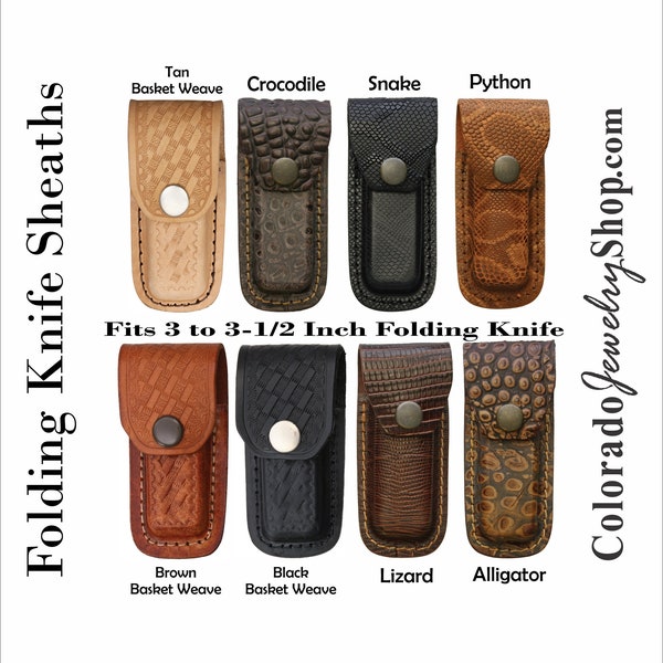 Bovine leather, [Cow] , Patterns match other animal leather - Sheaths Fits folding knives 3 to 3.5 inch closed. Virtical Carry belt loop