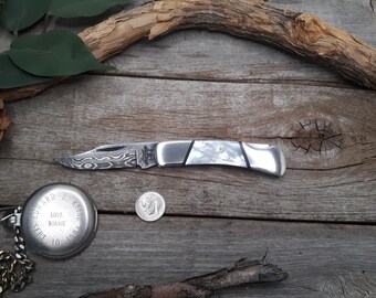SO Genuine A+ grade Mother of Pearl Handled Bear and Sons knife, Damascus 30th anniversary gifts for men husband BC526D G-10panto Bbx Npou