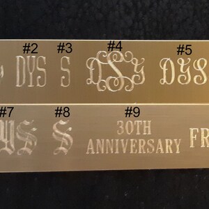 May include: Ten different engraved metal plates with various designs and text. The plates are numbered 1 through 10. The text on the plates includes the letters "DYS", "S", "30TH ANNIVERSARY", and "FRANK".