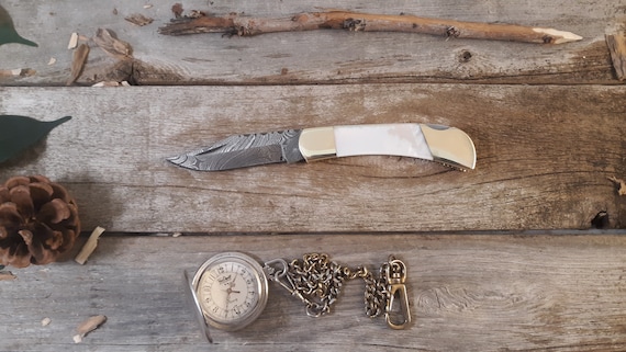 SO-DISC -Custom Mother of Pearl "Looking Glass" Handled knife Damascus blade 30th anniversary DM1257BO BboxBlkShth STDstandard or PRIpremium