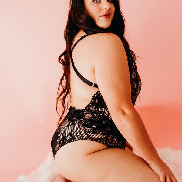 Black lace bodysuit, Plus size lingerie bodysuit