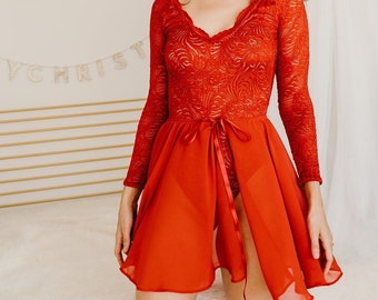 Red bodysuit with sheer skirt, Gift for her