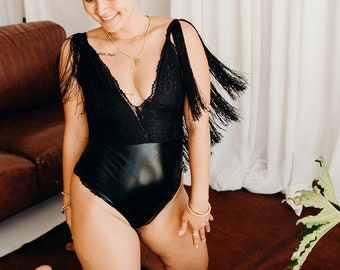 Black bodysuit with tassel fringe, Lingerie bodysuit