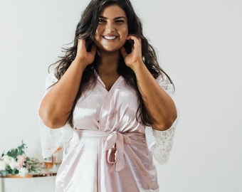 Plus size bridesmaids robe, Pink satin getting ready robe