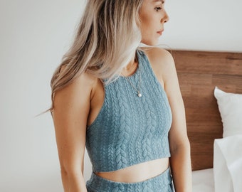 Teal knitted crop top, High neck halter cropped top, womens knit vest top