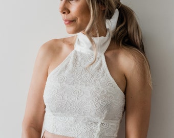 Bridal crop top, High neck lace top, Halterneck lace crop top, Wedding crop top.