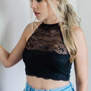 High neck lace crop top, lace halter neck top, black lace crop top, halterneck top.