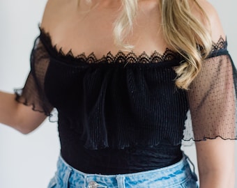 Black off the shoulder top, off the shoulder lace top, sheer tulle blouse, black sweetheart lace crop top, sheer blouse, mesh blouse
