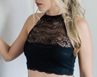 Lace high neck crop top, high neck crop, black halter crop top, black lace high neck crop top, lace halter crop, lace crop  black lace top